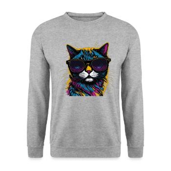 Bad Cat, stylisch cool mit Sonnenbrille Böse Katz - Unisex Pullover - Weißgrau meliert - Vorne - Alina (178cm) & Michal (187cm)