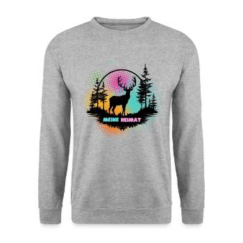 Meine Heimat Bunt Schwarzwald Hirsch und Wald - Unisex Pullover - Weißgrau meliert - Vorne - Alina (178cm) & Michal (187cm)