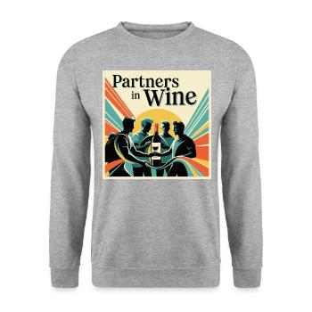 Partners in Wine – Männer Freundschaft Motiv - Unisex Pullover - Weißgrau meliert - Vorne - Alina (178cm) & Michal (187cm)