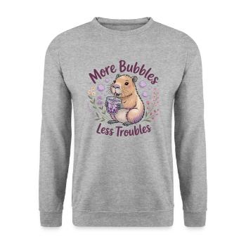 Capybara & Bubbles: Weniger Sorgen - Unisex Pullover - Weißgrau meliert - Vorne - Alina (178cm) & Michal (187cm)