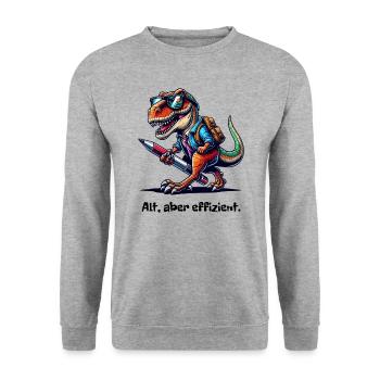 Büro T-Rex - Alt aber effizient - Unisex Pullover - Weißgrau meliert - Vorne - Alina (178cm) & Michal (187cm)