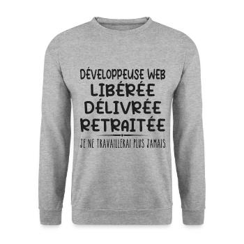 Développeuse web célèbre sa retraite avec humour - Sweat-shirt Unisexe - gris chiné - Devant - Alina (178cm) & Michal (187cm)