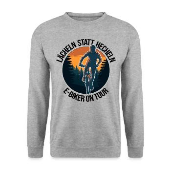 fahrrad akku e bike lächeln hecheln biker ebike - Unisex Pullover - Weißgrau meliert - Vorne - Alina (178cm) & Michal (187cm)