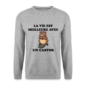 Humour petit castor - Sweat-shirt Unisexe - gris chiné - Devant - Alina (178cm) & Michal (187cm)