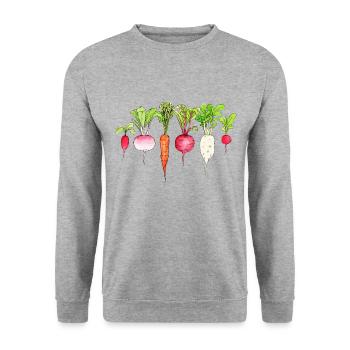 Wurzelgemüse Radieschen Möhre rote Bete Rettich - Unisex Pullover - Weißgrau meliert - Vorne - Alina (178cm) & Michal (187cm)