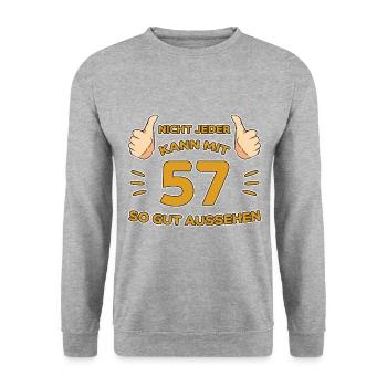 57. Geburtstag Geschenk 57 Jahre Jahrgang Geschenk - Unisex Pullover - Weißgrau meliert - Vorne - Alina (178cm) & Michal (187cm)