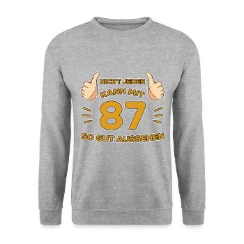 87. Geburtstag Geschenk 87 Jahre Jahrgang Geschenk - Unisex Pullover - Weißgrau meliert - Vorne - Alina (178cm) & Michal (187cm)