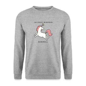 Einhorn Ich Hasse Menschen Generell Menschenhasser - Unisex Pullover - Weißgrau meliert - Vorne - Alina (178cm) & Michal (187cm)