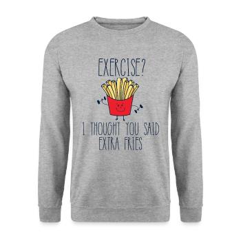 Exercice Je pensais que vous aviez dit des frites supplémentaires Funny Gym - Sweat-shirt Unisexe - gris chiné - Devant - Alina (178cm) & Michal (187cm)