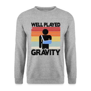 Well Played Gravity Broken Arm Surgery Get Well - Unisex Sweatshirt - salt & pepper - Front - Alina (178cm) & Michal (187cm)