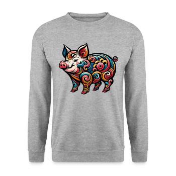 Chinesisches Tierkreiszeichen Schwein Elegantes Grafikdesign - Unisex Pullover - Weißgrau meliert - Vorne - Alina (178cm) & Michal (187cm)