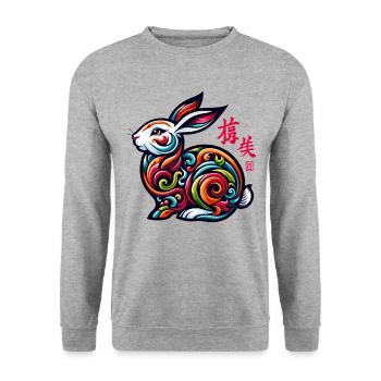 Elegantes chinesisches Tierkreiszeichen-Hasen-Design - Feiern - Unisex Pullover - Weißgrau meliert - Vorne - Alina (178cm) & Michal (187cm)