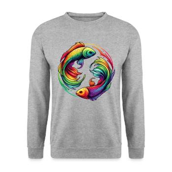 Fische Sternzeichen Rätselhaftes Regenbogen-Design - Unisex Pullover - Weißgrau meliert - Vorne - Alina (178cm) & Michal (187cm)