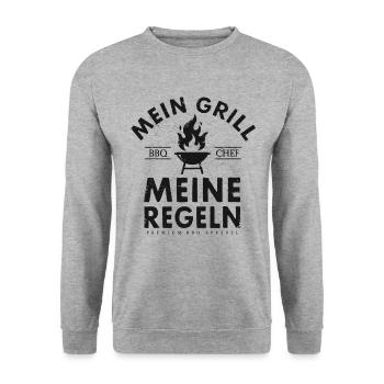 MEIN GRILL MEINE REGELN BBQ CHEF KOCH GRILLMEISTER - Unisex Pullover - Weißgrau meliert - Vorne - Alina (178cm) & Michal (187cm)