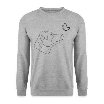 Jack Russell Terrier mit Schmetterling - Unisex Pullover - Weißgrau meliert - Vorne - Alina (178cm) & Michal (187cm)