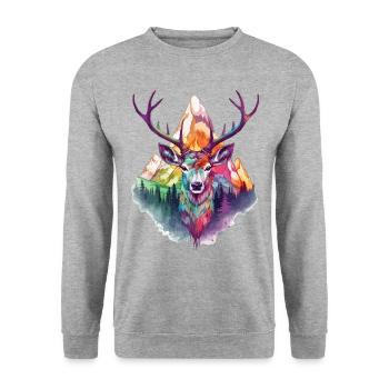 Hirsch Hirschgeweih Tier Natur Wald Wildnis Berge - Unisex Pullover - Weißgrau meliert - Vorne - Alina (178cm) & Michal (187cm)