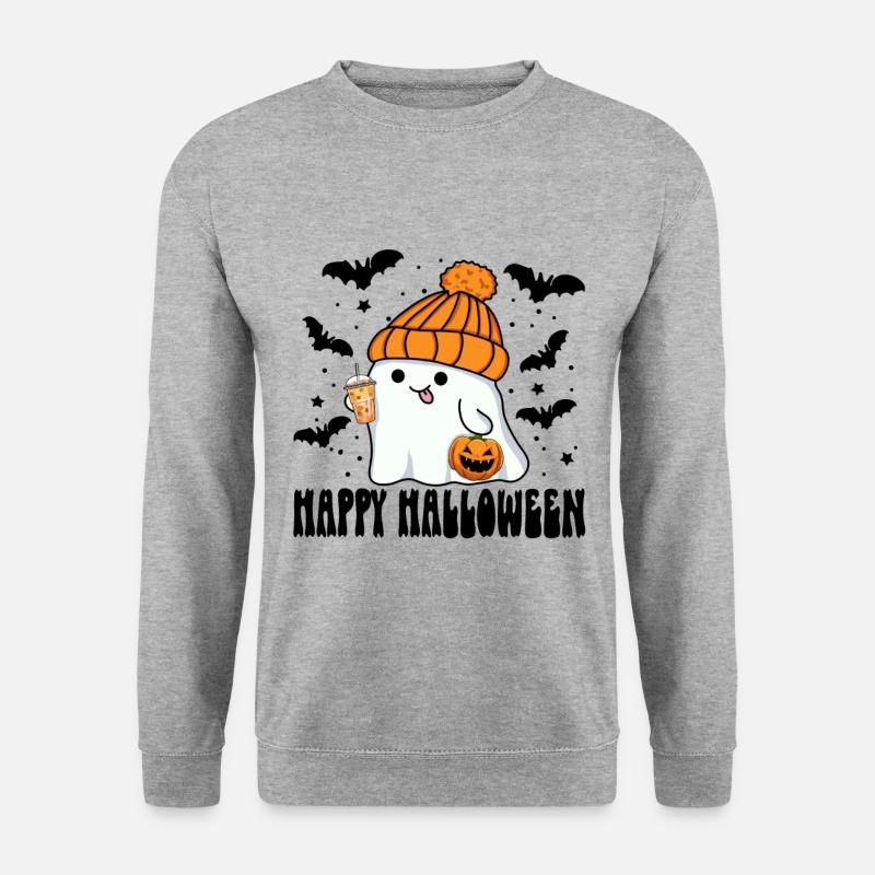 Halloween Geist mit Bubble Tea Kürbislaterne Mütze - Unisex Pullover - Weißgrau meliert