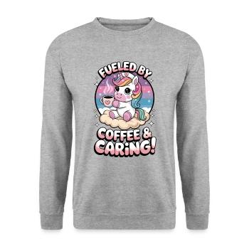 Angetrieben von Kaffee und Fürsorge! - Unisex Pullover - Weißgrau meliert - Vorne - Alina (178cm) & Michal (187cm)