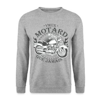 Vieux motard que jamais, jeux de mots moto humour - Sweat-shirt Unisexe - gris chiné - Devant - Alina (178cm) & Michal (187cm)