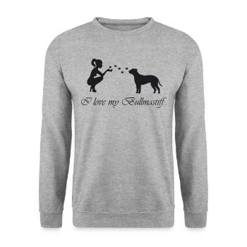 Bullmastiff mit Frau - Unisex Pullover - Weißgrau meliert - Vorne - Alina (178cm) & Michal (187cm)