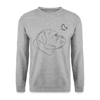 Old English Bulldog mit Schmetterling - Unisex Pullover - Weißgrau meliert - Vorne - Alina (178cm) & Michal (187cm)