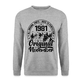 1981 November Original Geschenk zum 43-jährigen Jubiläum - Unisex Pullover - Weißgrau meliert - Vorne - Alina (178cm) & Michal (187cm)