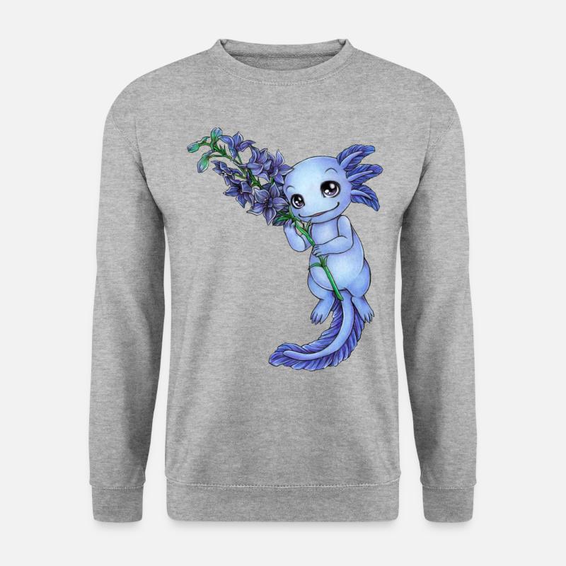 Axolotl in Grün mit Frühblüher Schneeglocke Blume - Unisex Pullover - Weißgrau meliert