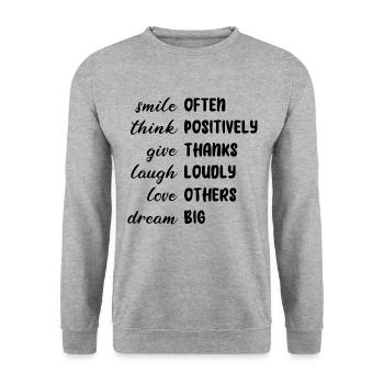 LACHEN POSITIV DANKBAR LIEBEN TRÄUMEN SPRUCH LEBEN - Unisex Pullover - Weißgrau meliert - Vorne - Alina (178cm) & Michal (187cm)