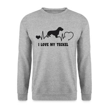 Rauhaardackel mit Herzschlag - Unisex Pullover - Weißgrau meliert - Vorne - Alina (178cm) & Michal (187cm)