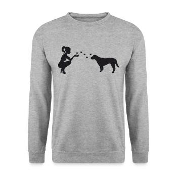 Labrador mit Frau - Unisex Pullover - Weißgrau meliert - Vorne - Alina (178cm) & Michal (187cm)