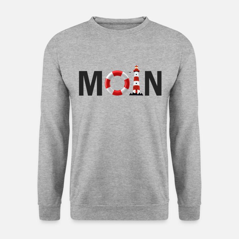 Moin mit dem Rettungsring und dem Leuchtturm Moin - Unisex Pullover - Weißgrau meliert