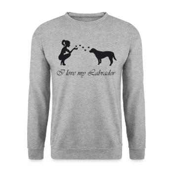 Labrador mit Frau - Unisex Pullover - Weißgrau meliert - Vorne - Alina (178cm) & Michal (187cm)