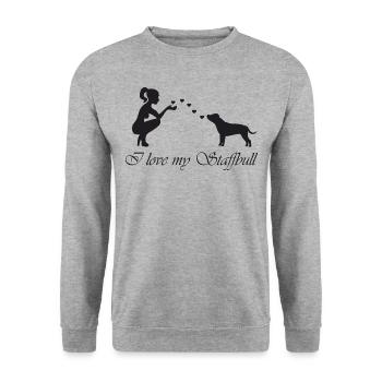 Staffordshire Bullterrier mit Frau - Unisex Pullover - Weißgrau meliert - Vorne - Alina (178cm) & Michal (187cm)