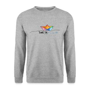 Travel the World Boot Spruch mit Papierschiff Meer - Unisex Pullover - Weißgrau meliert - Vorne - Alina (178cm) & Michal (187cm)