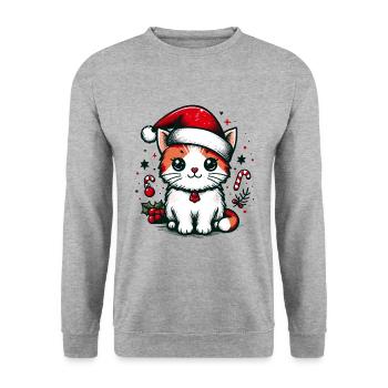 KATZE KATER HAUSTIER BESCHERUNG WEIHNACHTEN GRÜN - Unisex Pullover - Weißgrau meliert - Vorne - Alina (178cm) & Michal (187cm)
