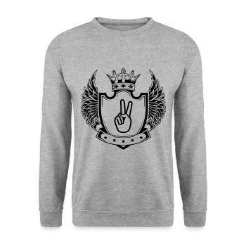 Hand Peace Wappen - Unisex Pullover - Weißgrau meliert - Vorne - Alina (178cm) & Michal (187cm)