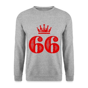 66 Zahl Krone - Unisex Pullover - Weißgrau meliert - Vorne - Alina (178cm) & Michal (187cm)