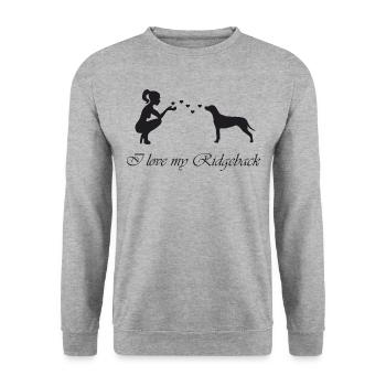 Rhodesian Ridgeback mit Frau - Unisex Pullover - Weißgrau meliert - Vorne - Alina (178cm) & Michal (187cm)