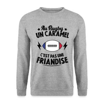 Au Rugby Un Caramel C'est Pas Une Friandise - Sweat-shirt Unisexe - gris chiné - Devant - Alina (178cm) & Michal (187cm)