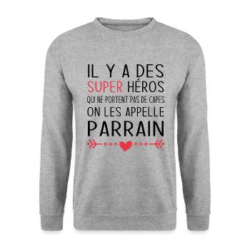 Parrain Super Héros Cadeau Humour Parrain - Sweat-shirt Unisexe - gris chiné - Devant - Alina (178cm) & Michal (187cm)