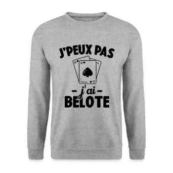 J'peux pas j'ai belote Cadeau Humour - Sweat-shirt Unisexe - gris chiné - Devant - Alina (178cm) & Michal (187cm)