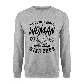 Ne sous-estimez jamais une femme combattante wing chun - Sweat-shirt Unisexe - gris chiné - Devant - Alina (178cm) & Michal (187cm)
