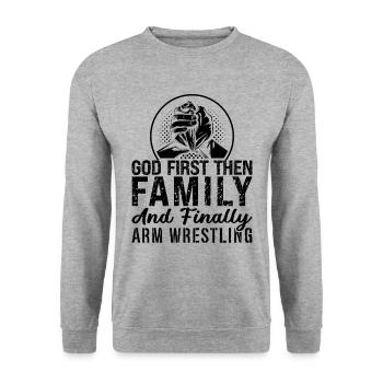 God First Then Arm Wrestling Love Wrestle Wrestler - Unisex Sweatshirt - salt & pepper - Front - Alina (178cm) & Michal (187cm)