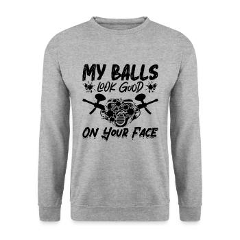 My Balls Look Paintball Splatter Paintball Player - Unisex Pullover - Weißgrau meliert - Vorne - Alina (178cm) & Michal (187cm)