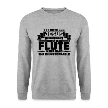 With Jesus In Her Heart Flutes Woodwind Flutist - Unisex Pullover - Weißgrau meliert - Vorne - Alina (178cm) & Michal (187cm)