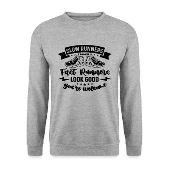 Slow Runners Make Fast Runners Athletic Marathoner - Unisex Pullover - Weißgrau meliert - Vorne - Alina (178cm) & Michal (187cm)