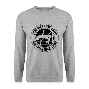 Low Risk Low Jump High Retro Shot Put High Jumper - Unisex Pullover - Weißgrau meliert - Vorne - Alina (178cm) & Michal (187cm)