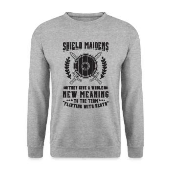 Shield Maidens They Give Norse Goddess Valkyries - Unisex Pullover - Weißgrau meliert - Vorne - Alina (178cm) & Michal (187cm)