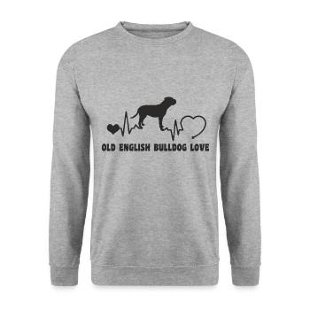 Old English Bulldog mit Herzschlag - Unisex Pullover - Weißgrau meliert - Vorne - Alina (178cm) & Michal (187cm)