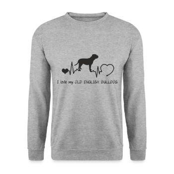 Old English Bulldog mit Herzschlag - Unisex Pullover - Weißgrau meliert - Vorne - Alina (178cm) & Michal (187cm)